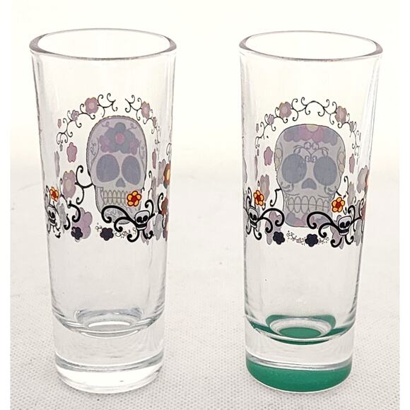 SHOT GLASSES-DAY OF THE DEAD-SUGAR SKULL-Colorful-2 oz (1/4 cup)-Set of 2 - Picture 2 of 9